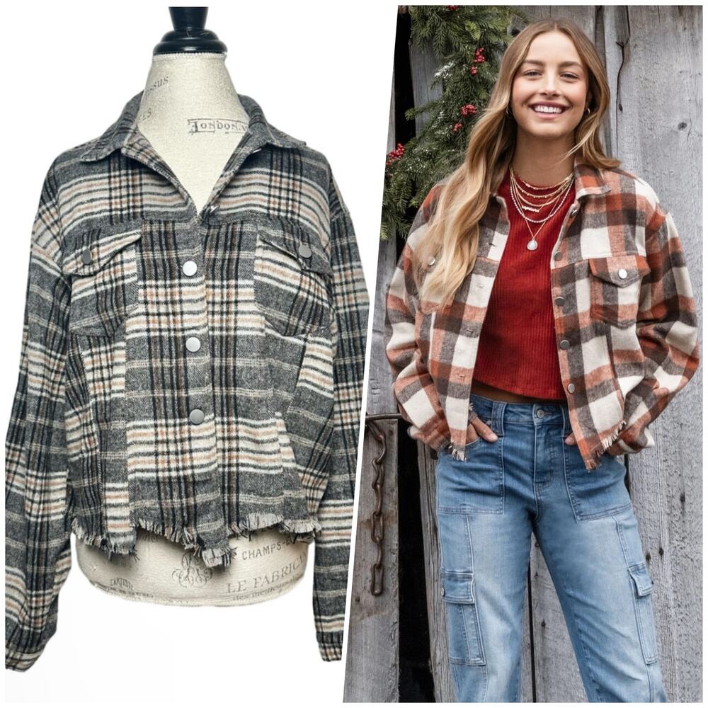 Altar’d State | Women | Noelle Plaid Frayed Cropped Shacket | Medium